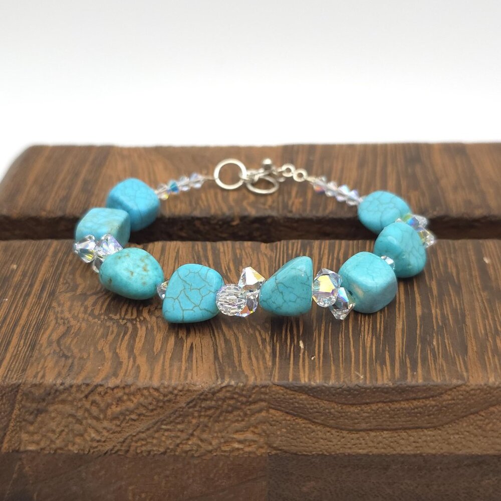 8 Inch Sterling Silver Howlite Stones And Crystals Bracelet B303